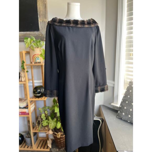 Vintage 90s Black Faux Fur Boat Neck Evening Gown Dress Size Large - Picture 2 of 5